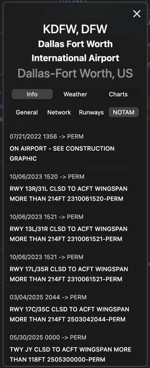 Preview of NOTAM information in Airport WX.