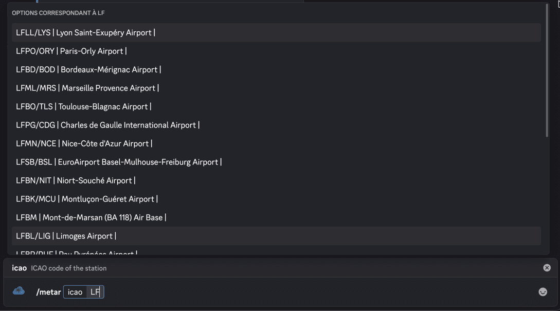 Screenshot of the Airport WX Discord bot showing command autocomplete.